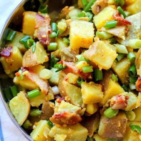 German Potato Salad with sweet potatoes, bacon, and bacon-cider dressing | theroastedroot.net #side_dish #paleo #summer #recipe