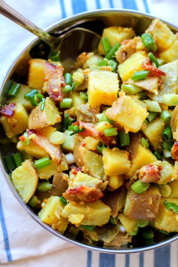 German Potato Salad with sweet potatoes, bacon, and bacon-cider dressing | theroastedroot.net #side_dish #paleo #summer #recipe