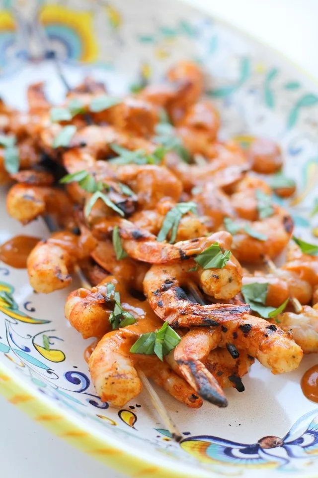 Grilled Red Curry Shrimp Bowls with Grilled Zucchini, Yellow Squash, and Basil Yogurt Sauce | theroastedroot.net #healthy #dinner #recipe