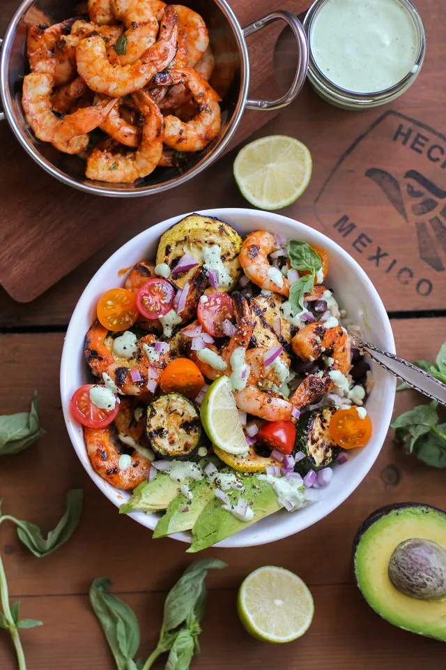 Grilled Red Curry Shrimp Bowls with Grilled Zucchini, Yellow Squash, and Basil Yogurt Sauce | theroastedroot.net #healthy #dinner #recipe