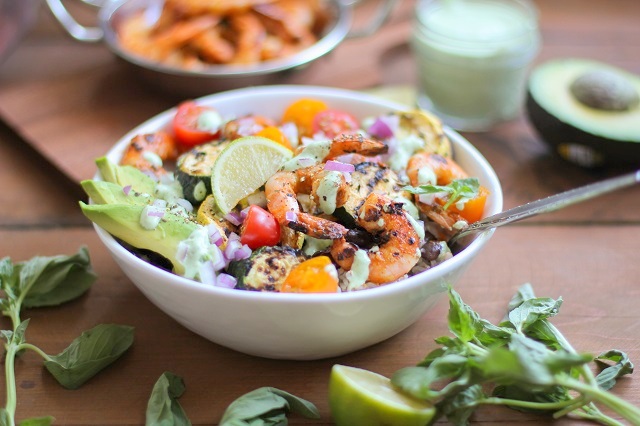 Grilled Red Curry Shrimp Bowls with Grilled Zucchini, Yellow Squash, and Basil Yogurt Sauce | theroastedroot.net #healthy #dinner #recipe