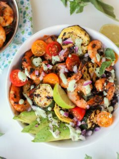 Grilled Red Curry Shrimp Bowls with Grilled Zucchini, Yellow Squash, and Basil Yogurt Sauce | theroastedroot.net #healthy #dinner #recipe