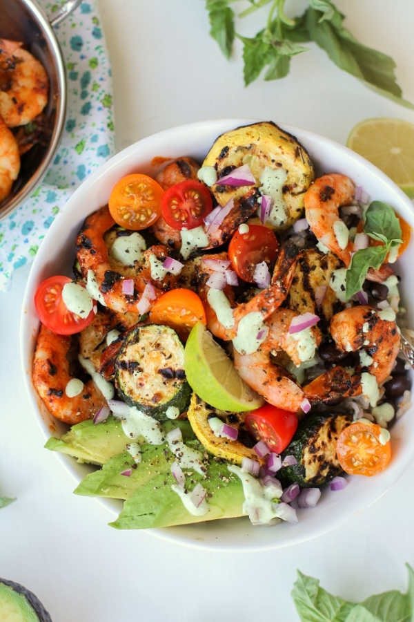 Grilled Red Curry Shrimp Bowls with Grilled Zucchini, Yellow Squash, and Basil Yogurt Sauce | theroastedroot.net #healthy #dinner #recipe