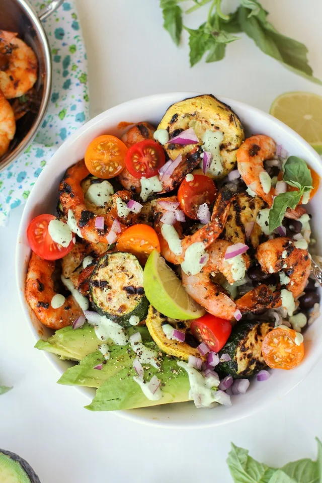 Grilled Red Curry Shrimp Bowls with Grilled Zucchini, Yellow Squash, and Basil Yogurt Sauce | theroastedroot.net #healthy #dinner #recipe