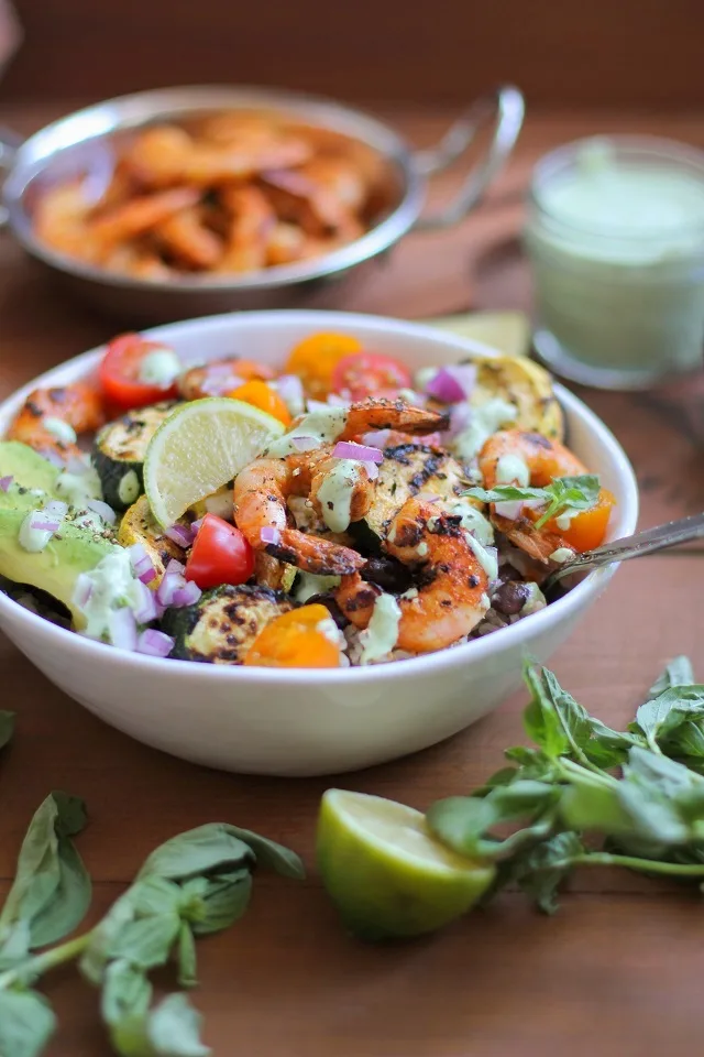 Grilled Red Curry Shrimp Bowls with Grilled Zucchini, Yellow Squash, and Basil Yogurt Sauce | theroastedroot.net #healthy #dinner #recipe