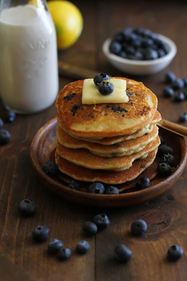 Gluten Free Lemon Blueberry Protein Pancakes made with almond flour + a secret ingredient | TheRoastedRoot.net #healthy #breakfast #recipe