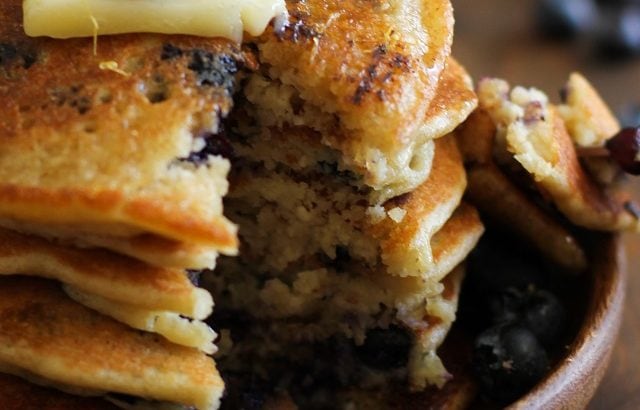 Gluten Free Lemon Blueberry Protein Pancakes made with almond flour + a secret ingredient | TheRoastedRoot.net #healthy #breakfast #recipe