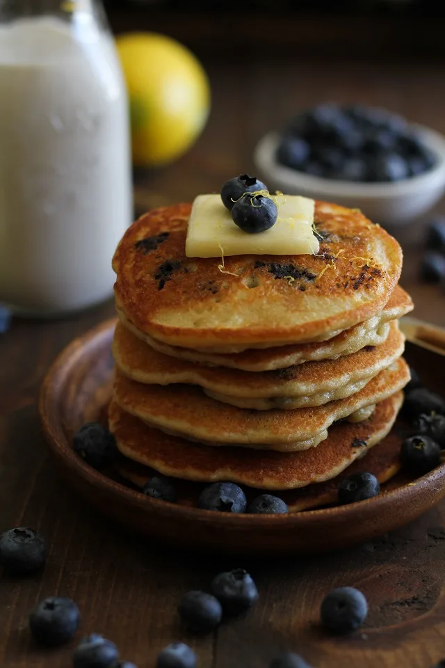 Gluten Free Lemon Blueberry Protein Pancakes made with almond flour + a secret ingredient | TheRoastedRoot.net #healthy #breakfast #recipe