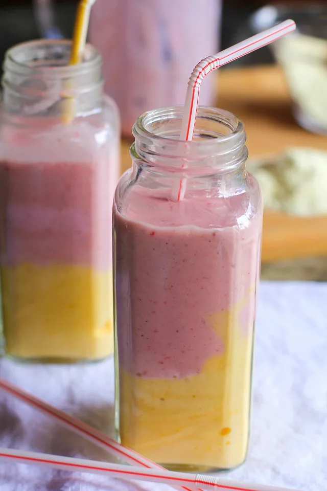 Strawberry Mango Protein Shake | theroastedroot.net #smoothie #healthy #recipe