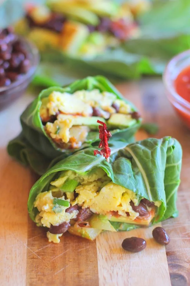 Sweet Potato and Black Bean Breakfast Collard Greens Wraps with avocado | theroastedroot.net #healthy #vegetarian #glutenfree