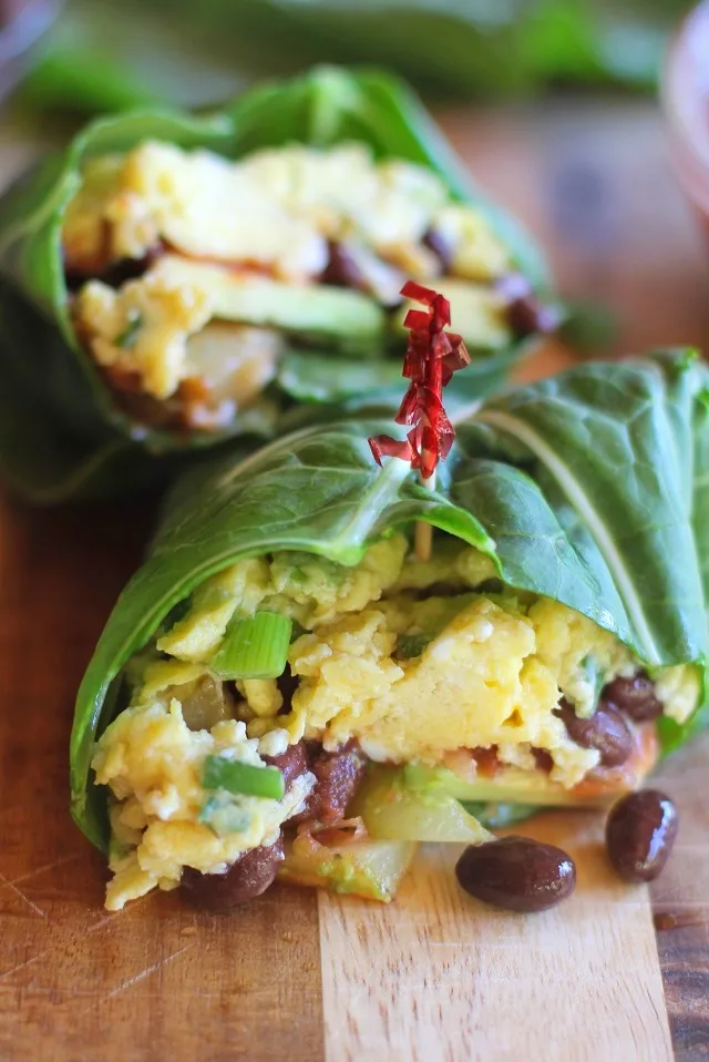 Sweet Potato and Black Bean Breakfast Collard Greens Wraps with avocado | theroastedroot.net #healthy #vegetarian #glutenfree