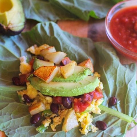 Sweet Potato and Black Bean Breakfast Collard Greens Wraps with avocado | theroastedroot.net #healthy #vegetarian #glutenfree