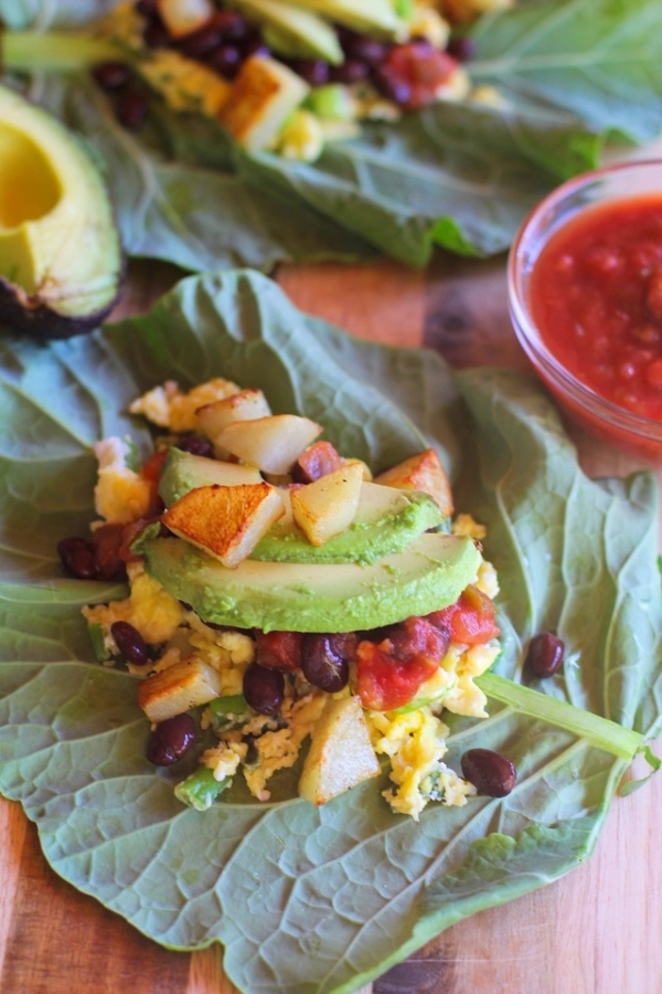 Sweet Potato and Black Bean Breakfast Collard Greens Wraps with avocado | theroastedroot.net #healthy #vegetarian #glutenfree