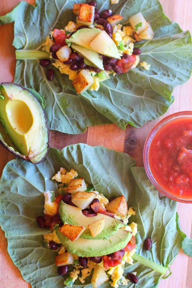 Sweet Potato and Black Bean Breakfast Collard Greens Wraps with avocado | theroastedroot.net #healthy #vegetarian #glutenfree