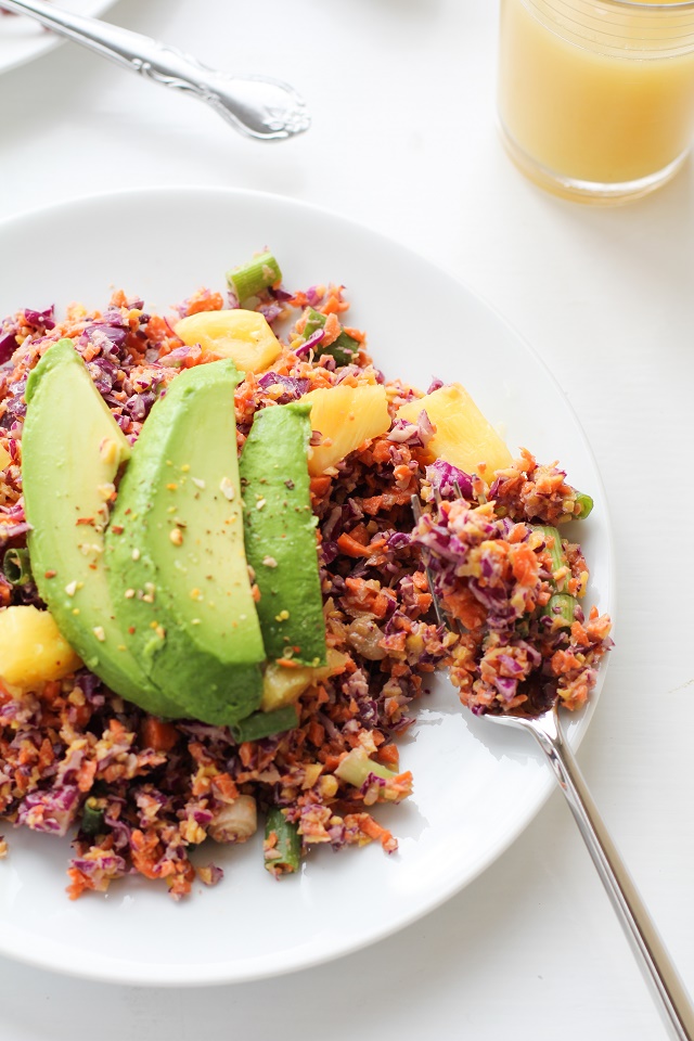 Tropical Rainbow Vegetable Rice with Red Cabbage, Golden Beets, Carrots, and Pineapple Coconut Tahini | theroastedroot.net #vegan #recipe #paleo #healthy