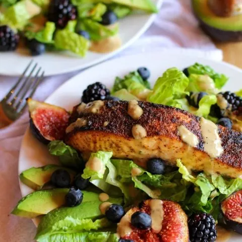 Broiled Salmon and Fig Salad with Blueberries, Blackberries, Avocado, and Green Goddess Dressing | theroastedroot.net #recipe #dinner #healthy