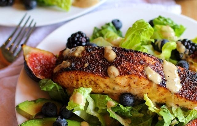 Broiled Salmon and Fig Salad with Blueberries, Blackberries, Avocado, and Green Goddess Dressing | theroastedroot.net #recipe #dinner #healthy