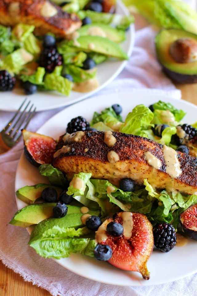 Broiled Salmon and Fig Salad with Blueberries, Blackberries, Avocado, and Green Goddess Dressing | theroastedroot.net #recipe #dinner #healthy