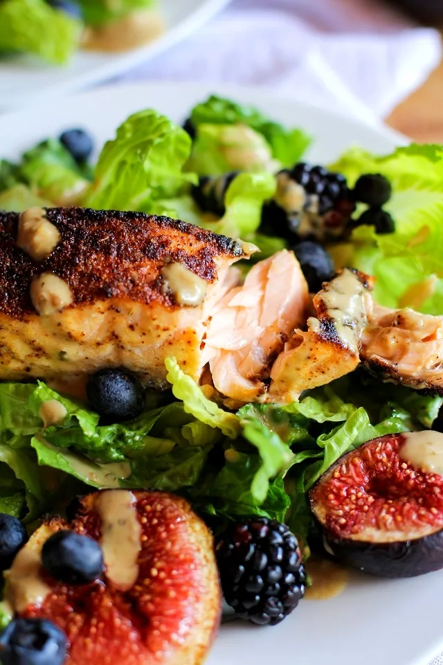 Broiled Salmon and Fig Salad with Blueberries, Blackberries, Avocado, and Green Goddess Dressing | theroastedroot.net #recipe #dinner #healthy