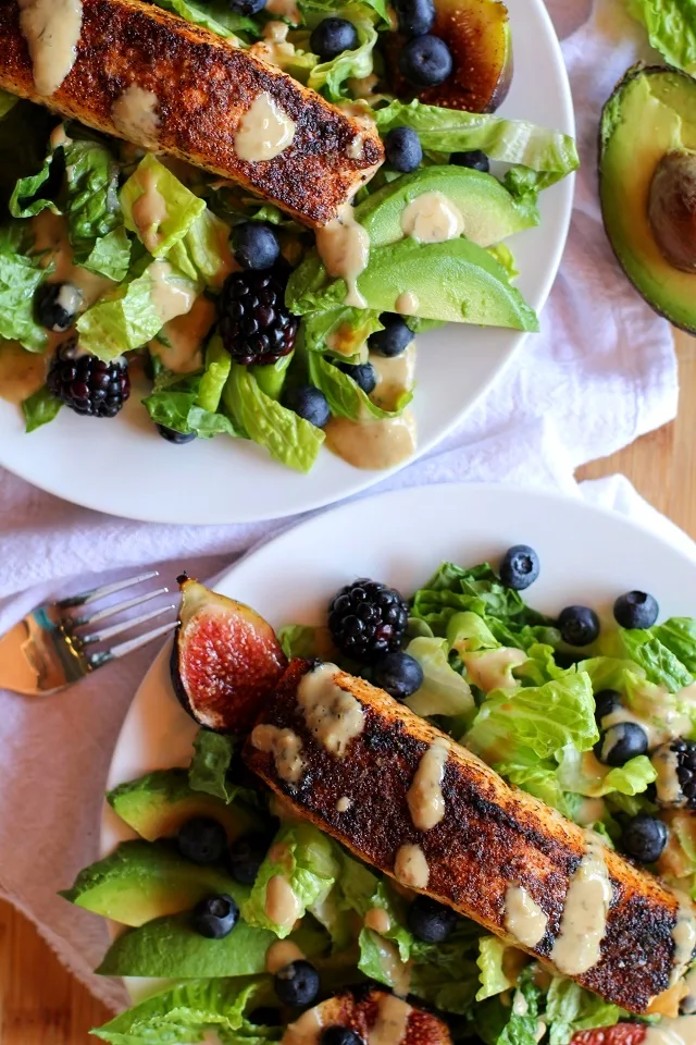 Broiled Salmon and Fig Salad with Blueberries, Blackberries, Avocado, and Green Goddess Dressing | theroastedroot.net #recipe #dinner #healthy
