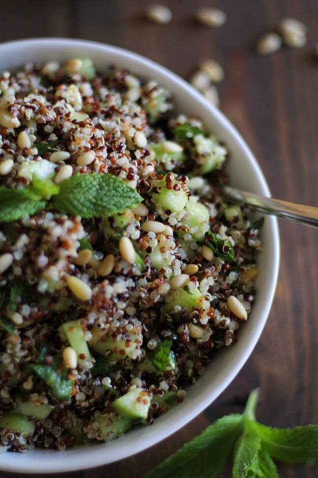 Refreshing tri-color quinoa salad with cucumber, mint, and lime dressing | theroastedroot.net #vegan #healthy #recipe #vegetarian