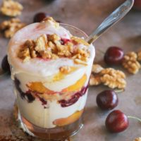 Roasted Peach and Cherry Yogurt Parfaits with Roasted Walnuts and honey | theroastedroot.net #healthy #dessert #recipe #summer