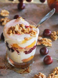Roasted Peach and Cherry Yogurt Parfaits with Roasted Walnuts and honey | theroastedroot.net #healthy #dessert #recipe #summer