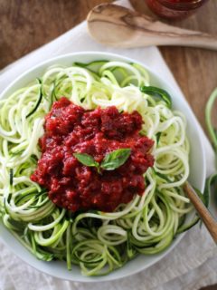 Zucchini Noodle Pasta with Beet Marinara Sauce - nutritious, easy, delicious! |theroastedroot.net #recipe #dinner #vegan #zoodles