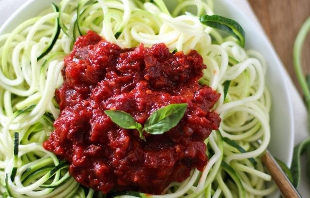 Zucchini Noodle Pasta with Beet Marinara Sauce - nutritious, easy, delicious! |theroastedroot.net #recipe #dinner #vegan #zoodles