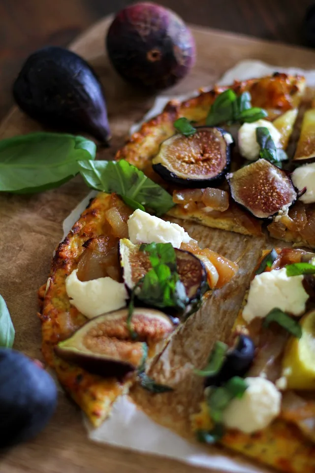 Caramelized Onion, Fig, Ricotta, and Basil Pizza on Cauliflower Pizza Crust | TheRoastedRoot.net #healthy #recipe #glutenfree #vegetarian