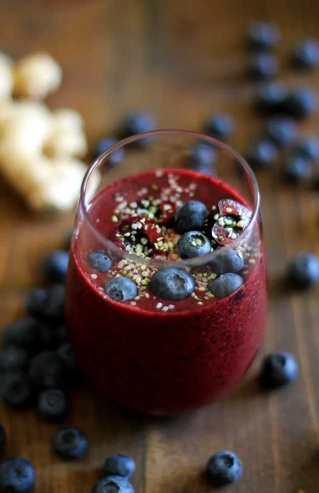 Cherry Berry Ginger Smoothie with Cashew Butter | TheRoastedRoot.net #healthy #breakfast #recipe #paleo #vegan