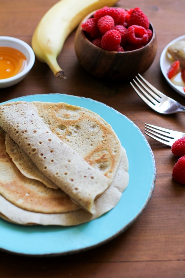 4-Ingredient Grain-Free Crepes made easily in a blender | TheRoastedRoot.net #glutenfree #paleo #breakfast #healthy