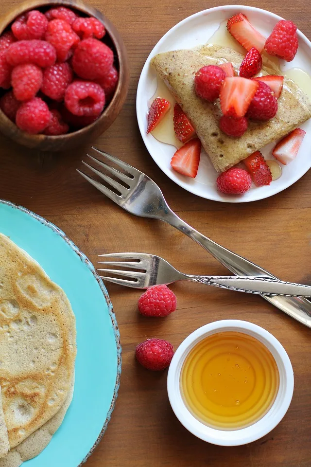 4-Ingredient Grain-Free Crepes made easily in a blender | TheRoastedRoot.net #glutenfree #paleo #breakfast #healthy