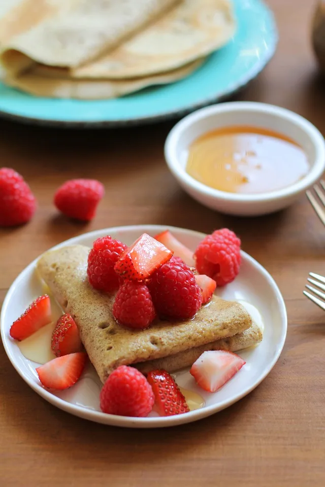 4-Ingredient Grain-Free Crepes made easily in a blender | TheRoastedRoot.net #glutenfree #paleo #breakfast #healthy