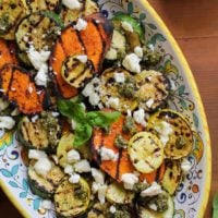 Grilled Sweet Potato, Zucchini, and Yellow Squash with Pesto Sauce and Feta Cheese | TheRoastedRoot.net #healthy #vegetarian #side_dish #bbq