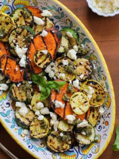 Grilled Sweet Potato, Zucchini, and Yellow Squash with Pesto Sauce and Feta Cheese | TheRoastedRoot.net #healthy #vegetarian #side_dish #bbq