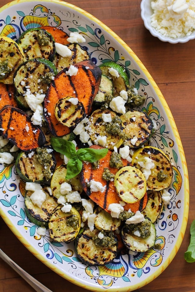 Grilled Sweet Potato, Zucchini, and Yellow Squash with Pesto Sauce and Feta Cheese | TheRoastedRoot.net #healthy #vegetarian #side_dish #bbq