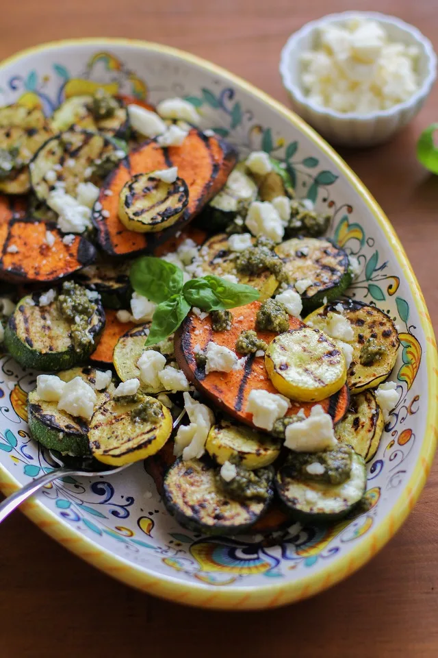 Grilled Sweet Potato, Zucchini, and Yellow Squash with Pesto Sauce and Feta Cheese | TheRoastedRoot.net #healthy #vegetarian #side_dish #bbq