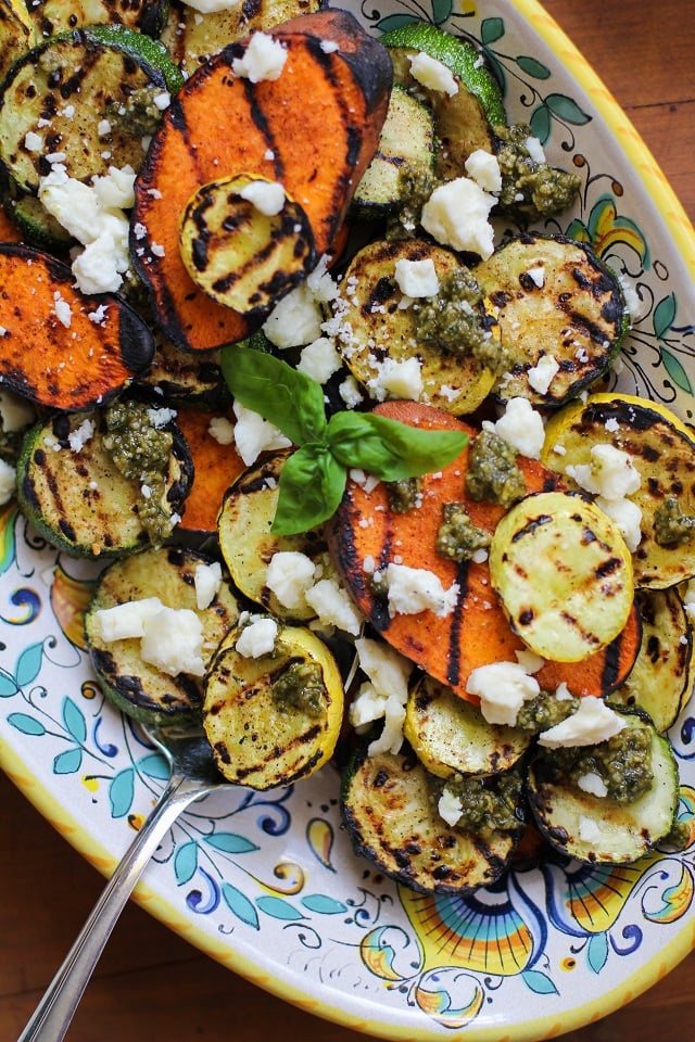 Grilled Sweet Potato, Zucchini, and Yellow Squash with Pesto Sauce and Feta Cheese | TheRoastedRoot.net #healthy #vegetarian #side_dish #bbq