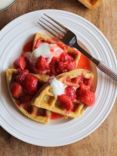 Grain-Free Paleo Waffles with Strawberry Compote | TheRoastedRoot.net #glutenfree #healthy #breakfast