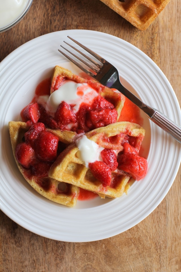 Grain-Free Paleo Waffles with Strawberry Compote | TheRoastedRoot.net #glutenfree #healthy #breakfast