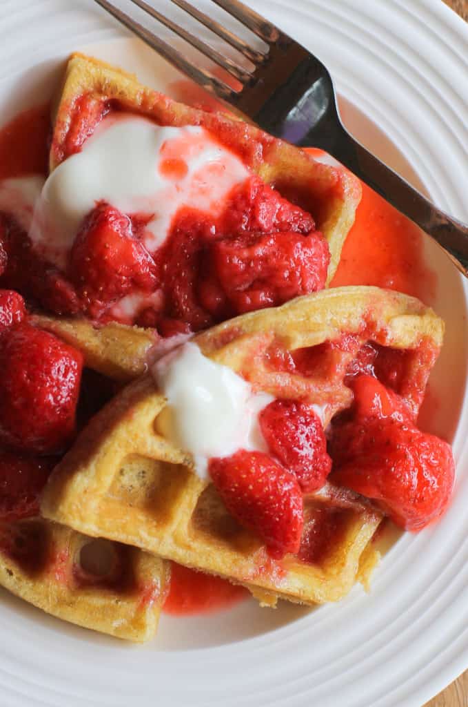 Grain-Free Paleo Waffles with Strawberry Compote | TheRoastedRoot.net #glutenfree #healthy #breakfast