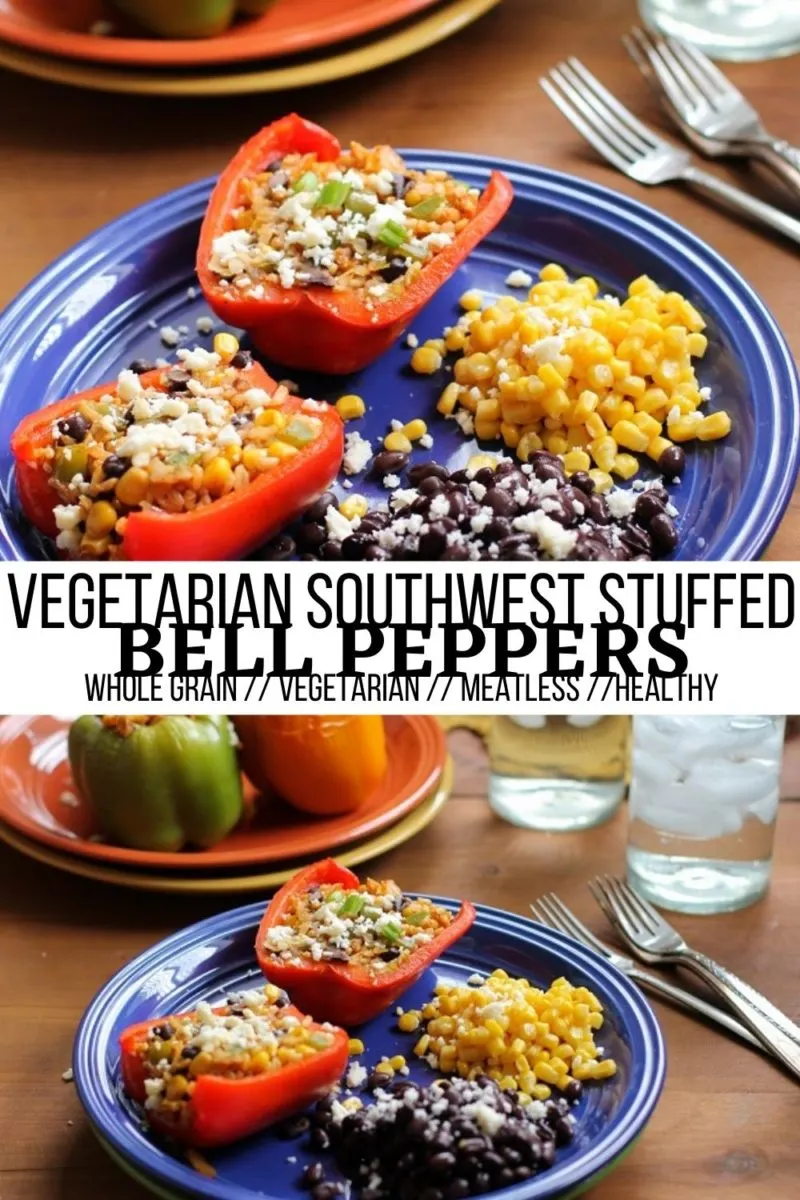 Southwest Stuffed Bell Peppers with beans, rice, corn, enchilada sauce, and more! Healthy meatless stuffed peppers with tons of flavor!