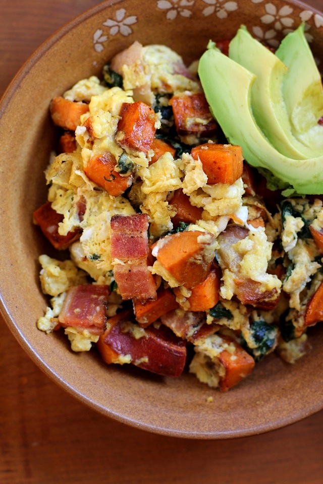 Breakfast scramble with sweet potatoes, bacon, and spinach | TheRoastedRoot.net #healthy #recipe #paleo