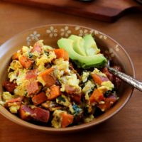 Breakfast scramble with sweet potatoes, bacon, and spinach | TheRoastedRoot.net #healthy #recipe #paleo