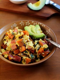 Breakfast scramble with sweet potatoes, bacon, and spinach | TheRoastedRoot.net #healthy #recipe #paleo