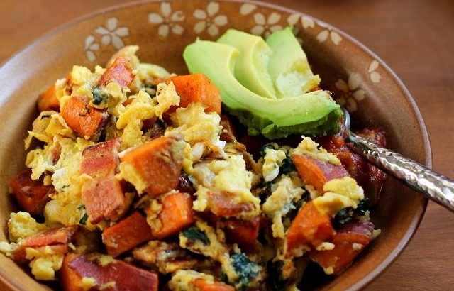 Breakfast scramble with sweet potatoes, bacon, and spinach | TheRoastedRoot.net #healthy #recipe #paleo