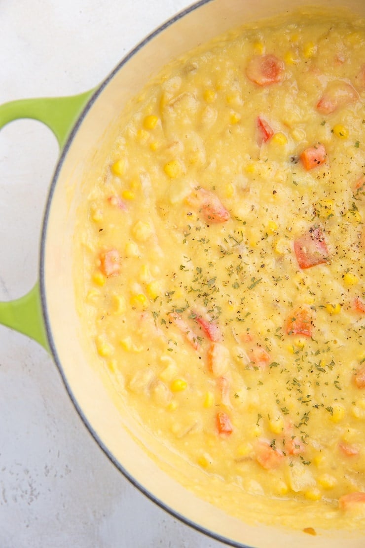Vegan Corn Chowder - dairy-free, gluten-free corn chowder recipe that is easy to make and magically silky and delicious