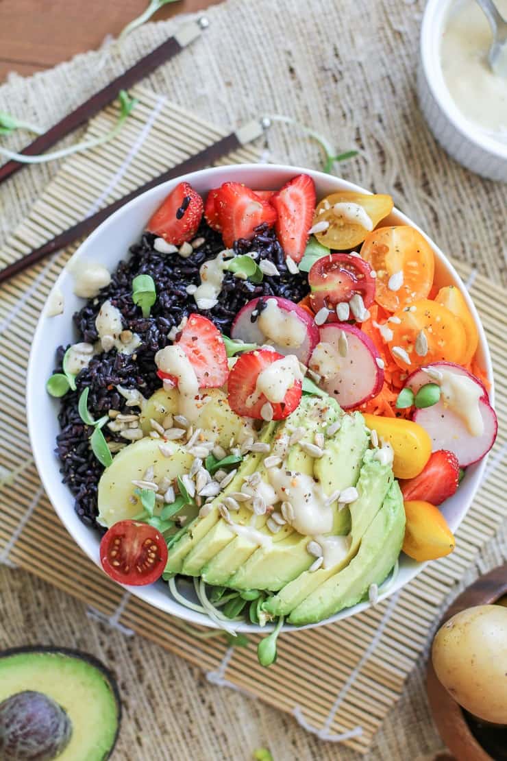 Farmer's Market Forbidden Rice Buddha Bowls with Apricot-Tahini Dressing - a nutritious vegan dinner recipe