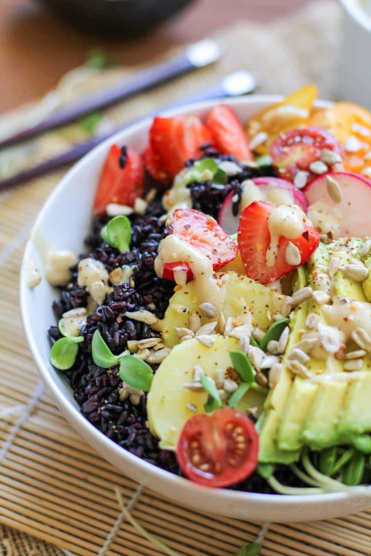 Farmer's Market Forbidden Rice Buddha Bowls with Apricot-Tahini Dressing - a nutritious paleo and vegan dinner recipe